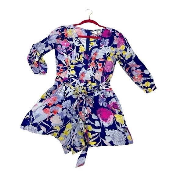 Yumi Kim Blue Floral Silk "Liz" Romper 3/4 Sleeve Silk With Pockets size xS - Picture 8 of 17